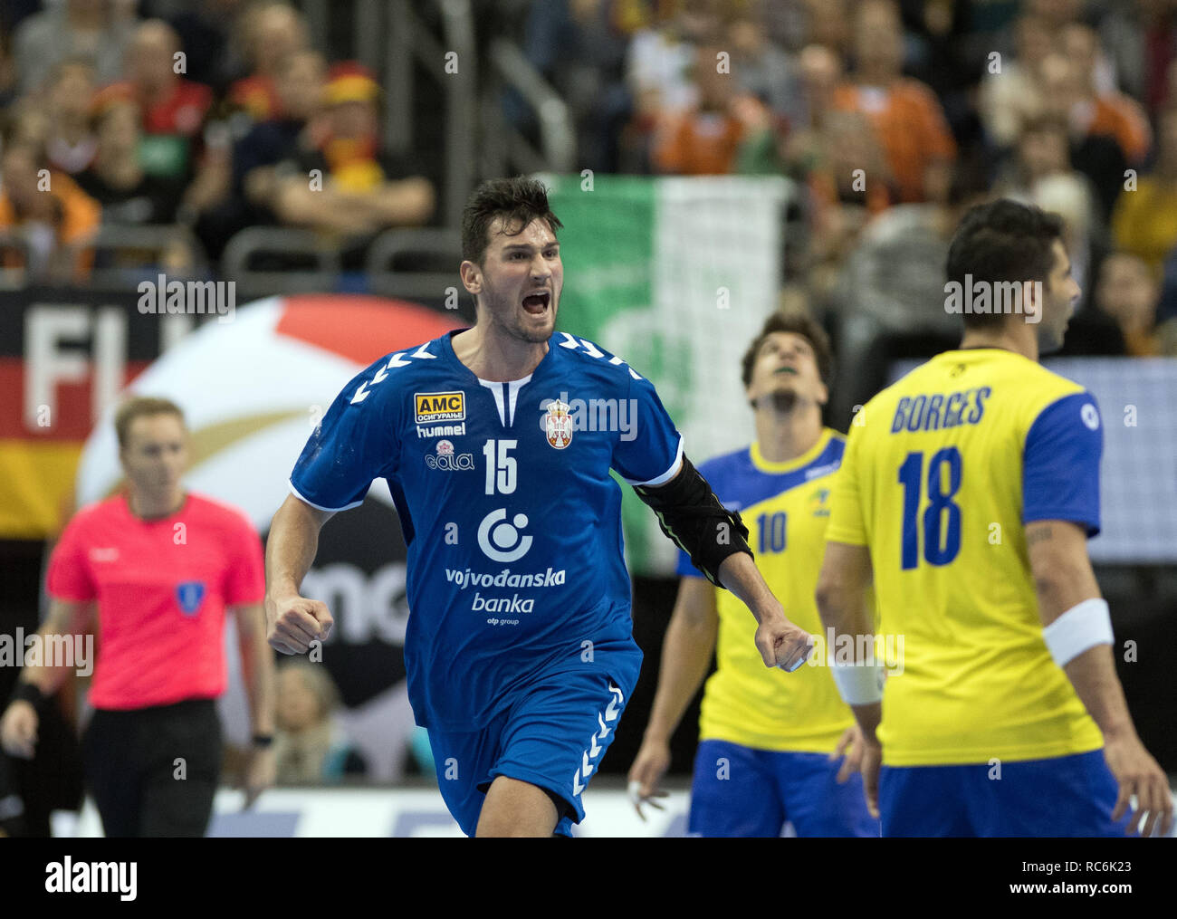 14 January 2019, Berlin: Handball: WM, Serbia - Brazil, preliminary round, group A, 3rd matchday. Serbia's Drasko Nenadic cheers a goal. Photo: Soeren Stache/dpa Stock Photo