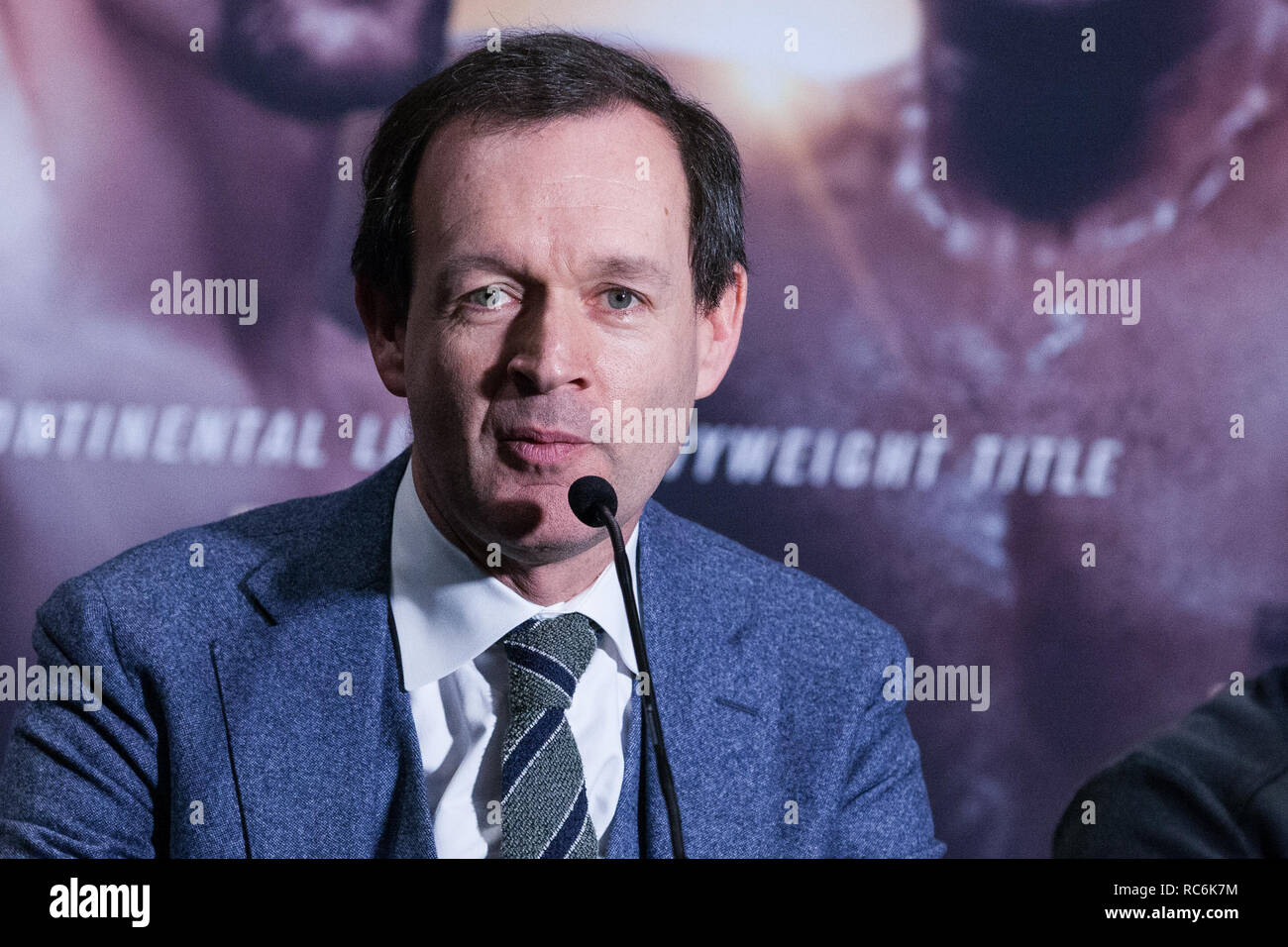 London, UK. 14th January, 2019. Adam Smith, Head of Boxing at Sky Sports, speaks at the press conference for a Matchroom Boxing bill at the 02 on 2nd February headed by a European Super-Welterweight Championship fight between Sergio Garcia and Ted Cheeseman. Credit: Mark Kerrison/Alamy Live News Stock Photo