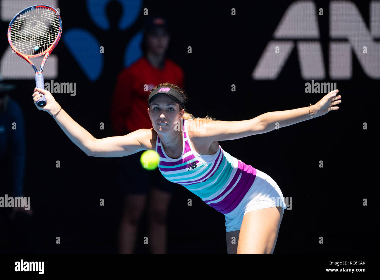 Melbourne, Australia. 14th Jan, 2019. Danielle Collins of the United States  returns the ball during the women's singles first round match between  Danielle Collins of the United States and Julia Goerges of