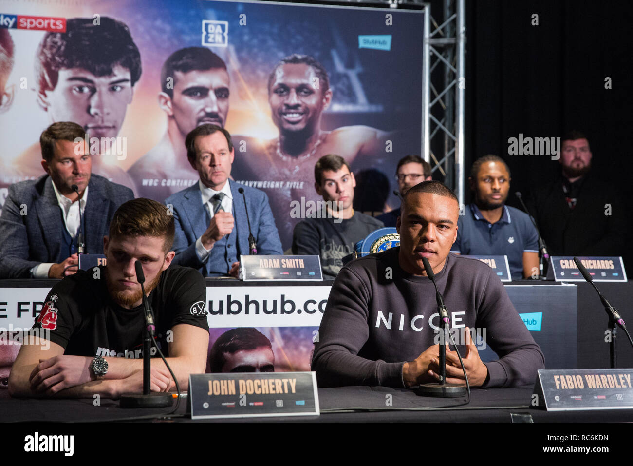 London, UK. 14th January, 2019. Ipswich heavyweight prospect Fabio Wardley speaks at the press conference for a Matchroom Boxing card at the 02 on 2nd February headed by a European Super-Welterweight Championship fight between Sergio Garcia and Ted Cheeseman. Credit: Mark Kerrison/Alamy Live News Stock Photo