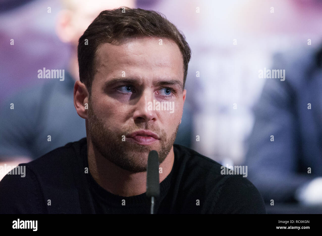 London, UK. 14th January, 2019. Silver Middleweight Felix Cash speaks at the press conference for a Matchroom Boxing card at the 02 on 2nd February where he will fight Rasheed Abolaji for the vacant Commonwealth Middleweight Championship. Credit: Mark Kerrison/Alamy Live News Stock Photo