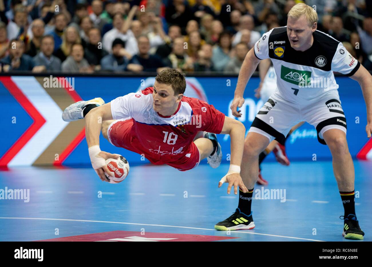 15 January 2019 Berlin Handball Wm Russia Germany Preliminary Round Group A 3rd Matchday Russia S Sergej Gorpischin Wins Against Germany S Patrick Wiencek R Photo Kay Nietfeld Dpa Stock Photo Alamy