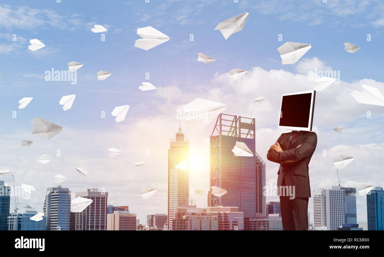 Businessman with monitor instead of head Stock Photo Alamy
