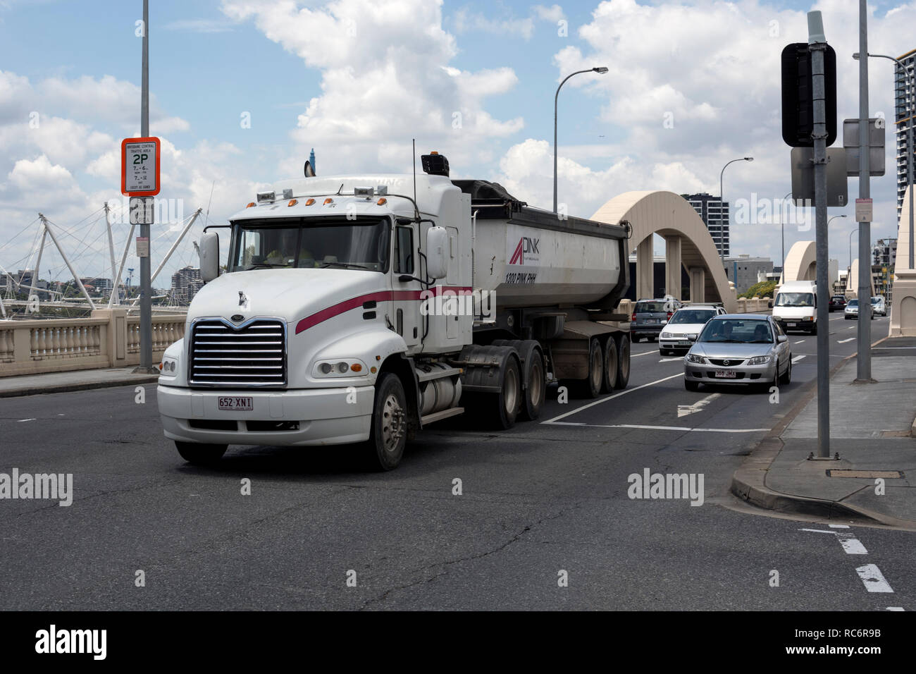 A Mack truck crossing the William Jolly Bridge, Brisbane, Queensland, Australia Stock Photo