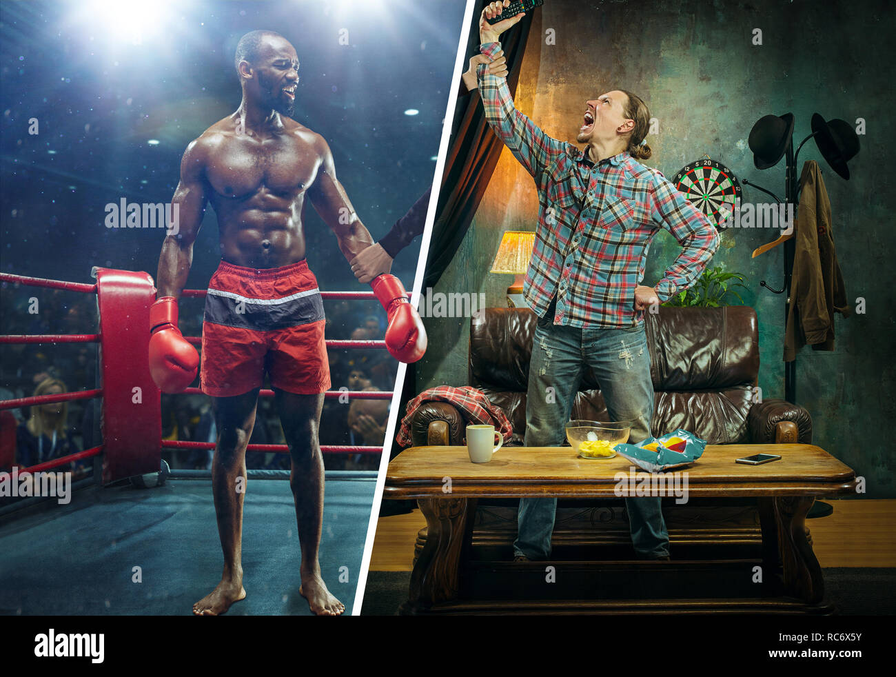 The crazy boxing fan watching match on television on sofa couch at home