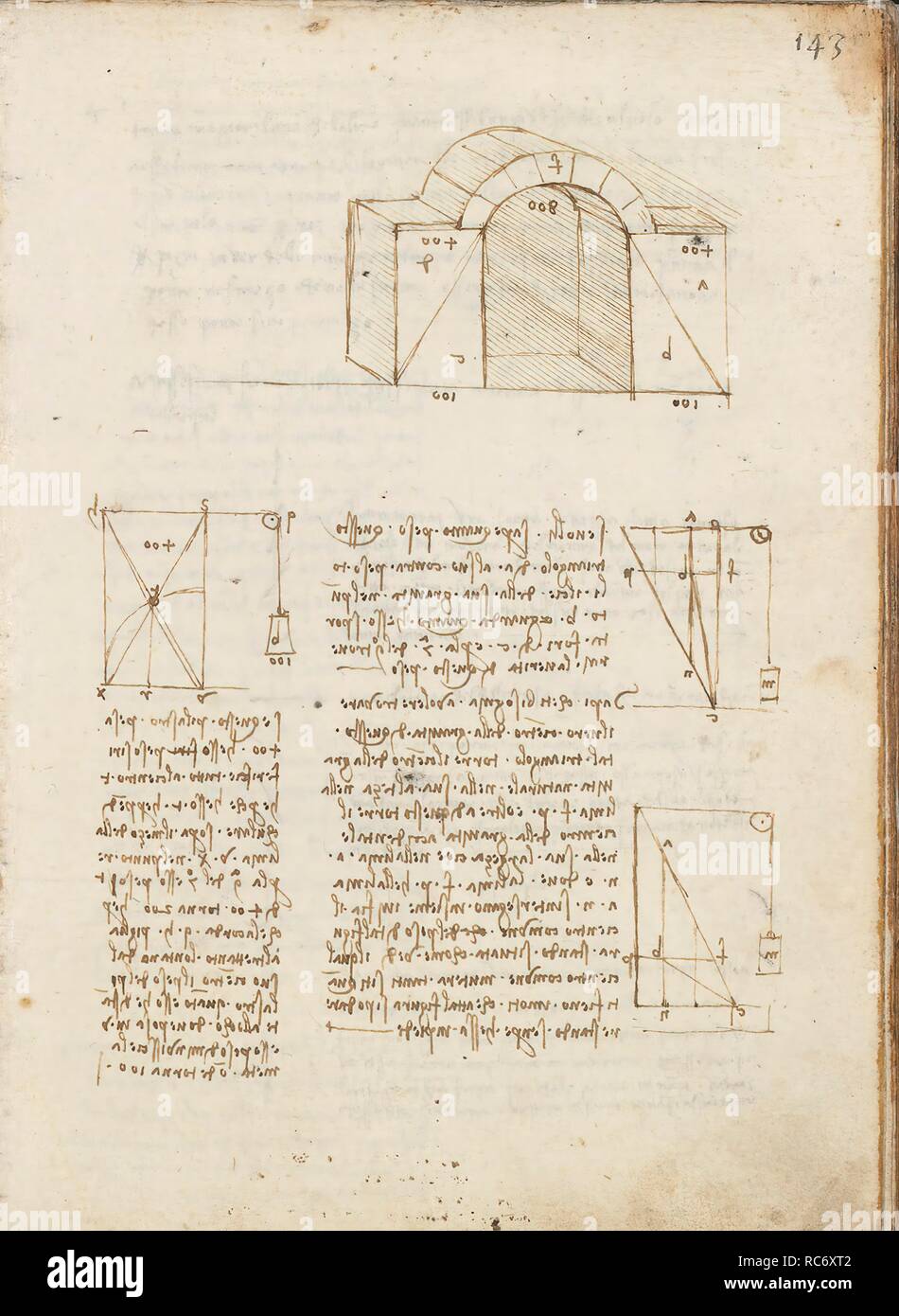 Folio f 143r. Codex Madrid I (Ms. 8937) 'Treaty of statics and mechanics', 192 folios with 384 pages. Internal format: 215 x 145 mm. MATHEMATICS. PRINCIPLES OF MECHANICS, CINEMATICS, DYNAMICS. CIVIL ENGINEERING, CONSTRUCTION. APPLIED MECHANICS (COMPONENTS). Museum: BIBLIOTECA NACIONAL DE ESPAÑA, MADRID. Author: LEONARDO DA VINCI. Stock Photo