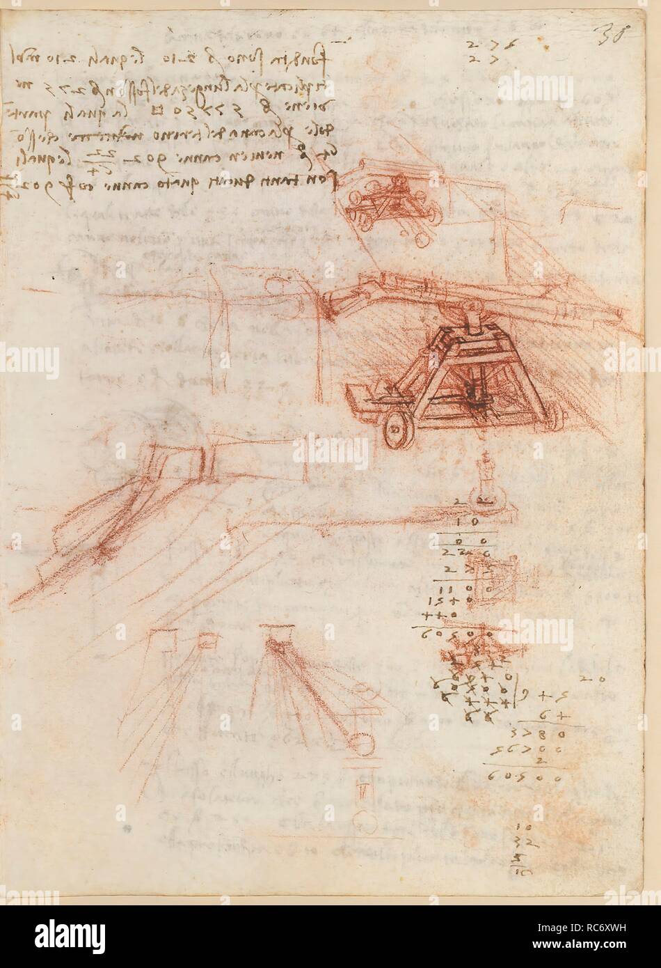 Folio f 36r. Codex Madrid II (Ms. 8936) 'Treaty of fortification, statics and geometry'. 158 folios with 316 pages. Internal format: 210 x 145 mm. MATH OPERATIONS, ACCOUNTING NOTES. CIVIL ENGINEERING, CONSTRUCTION. MILITARY ENGINEERING, FORTIFICATIONS. UNITS OF WEIGHT AND MEASURES. PRINCIPLES OF MECHANICS, CINEMATICS, DYNAMICS. Museum: BIBLIOTECA NACIONAL DE ESPAÑA, MADRID. Author: LEONARDO DA VINCI. Stock Photo