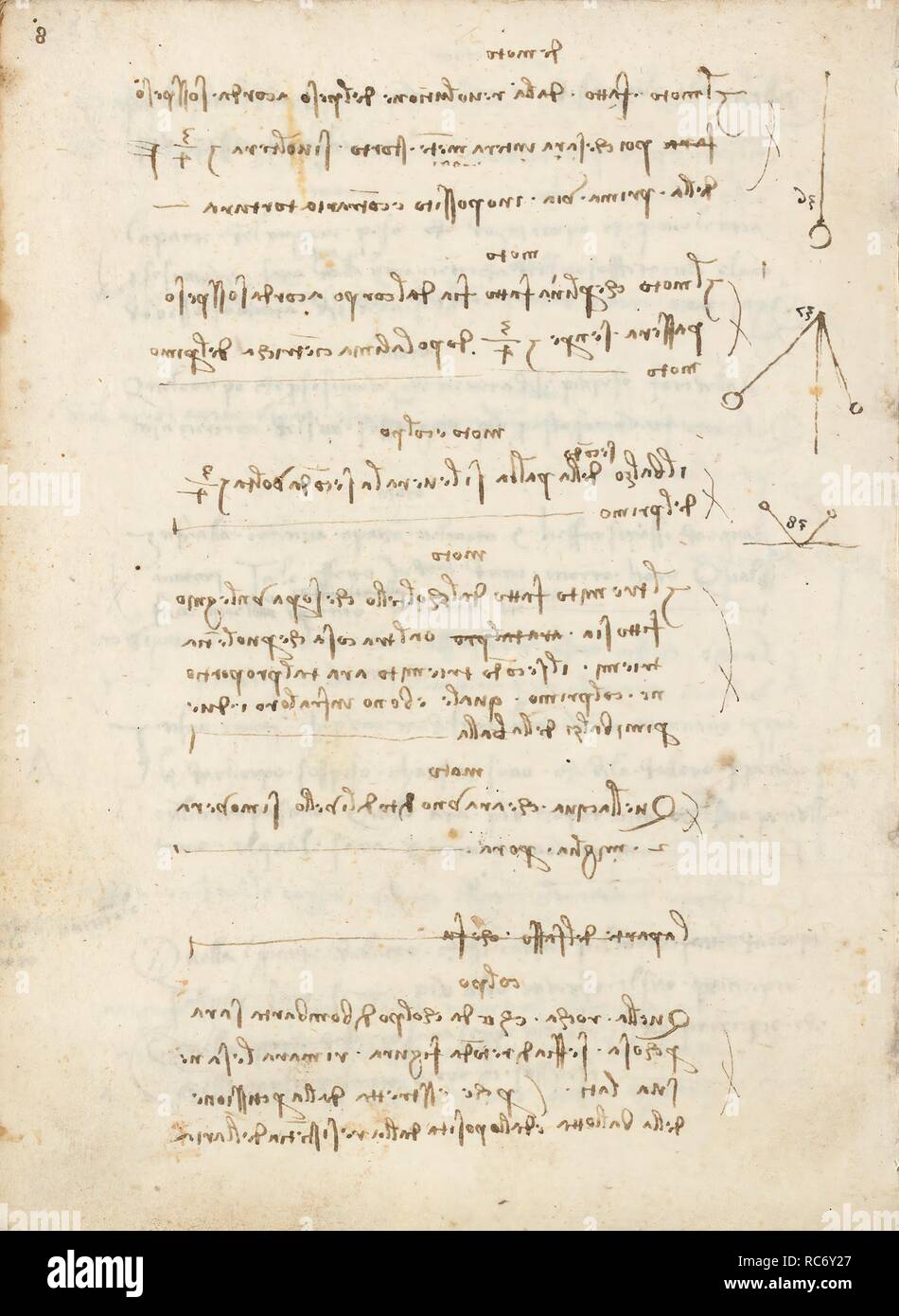 Folio f 183v. Codex Madrid I (Ms. 8937) 'Treaty of statics and mechanics', 192 folios with 384 pages. Internal format: 215 x 145 mm. MILITARY ENGINEERING, FORTIFICATIONS. APPLIED MECHANICS (COMPONENTS). PRINCIPLES OF MECHANICS, CINEMATICS, DYNAMICS. APPLIED MECHANICS (MACHINES AND WITS). Museum: BIBLIOTECA NACIONAL DE ESPAÑA, MADRID. Author: LEONARDO DA VINCI. Stock Photo