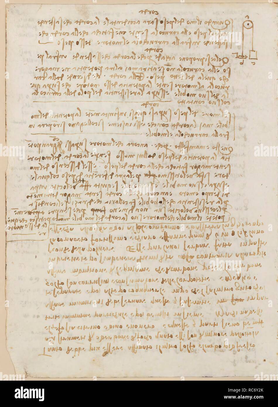 Folio f 98v. Codex Madrid II (Ms. 8936) 'Treaty of fortification, statics and geometry'. 158 folios with 316 pages. Internal format: 210 x 145 mm. APPLIED MECHANICS (MACHINES AND WITS). MENTION OF MATERIALS. PRINCIPLES OF MECHANICS, CINEMATICS, DYNAMICS. APPLIED MECHANICS (COMPONENTS). Museum: BIBLIOTECA NACIONAL DE ESPAÑA, MADRID. Author: LEONARDO DA VINCI. Stock Photo