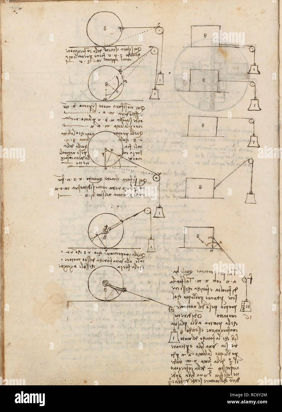 Folio f 74v. Codex Madrid I (Ms. 8937) 'Treaty of statics and mechanics', 192 folios with 384 pages. Internal format: 215 x 145 mm. MATHEMATICS. APPLIED MECHANICS (COMPONENTS). PRINCIPLES OF MECHANICS, CINEMATICS, DYNAMICS. UNITS OF WEIGHT AND MEASURES. Museum: BIBLIOTECA NACIONAL DE ESPAÑA, MADRID. Author: LEONARDO DA VINCI. Stock Photo