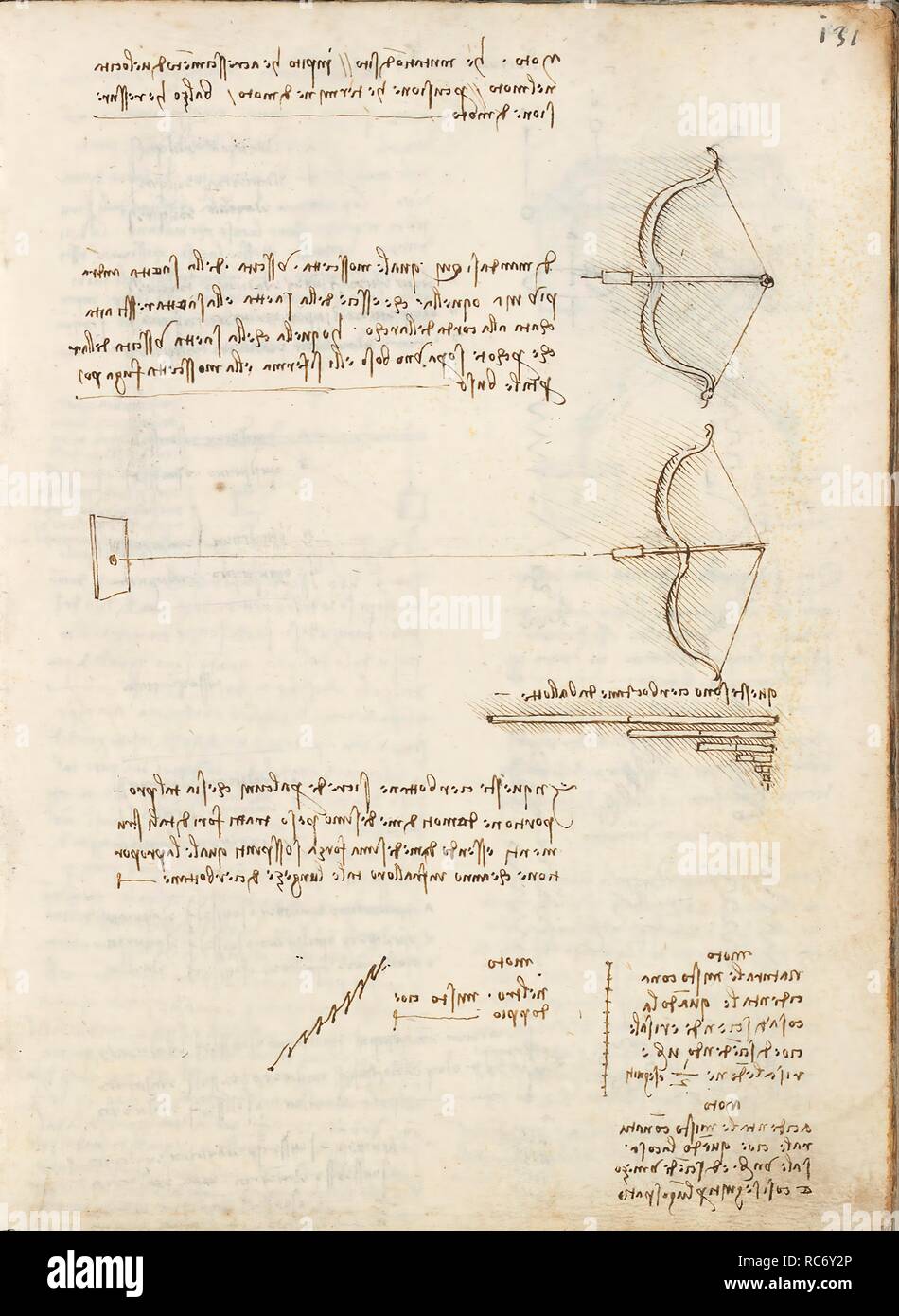 Folio f 131r. Codex Madrid I (Ms. 8937) 'Treaty of statics and mechanics', 192 folios with 384 pages. Internal format: 215 x 145 mm. APPLIED MECHANICS (MACHINES AND WITS). UNITS OF WEIGHT AND MEASURES. PRINCIPLES OF MECHANICS, CINEMATICS, DYNAMICS. Museum: BIBLIOTECA NACIONAL DE ESPAÑA, MADRID. Author: LEONARDO DA VINCI. Stock Photo