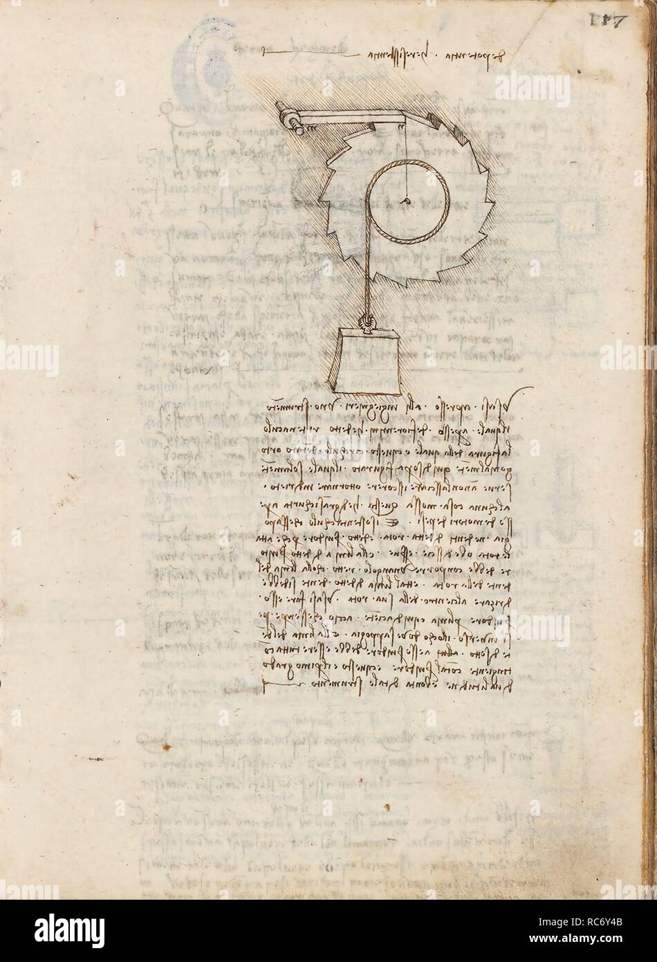 Folio f 117r. Codex Madrid I (Ms. 8937) 'Treaty of statics and mechanics', 192 folios with 384 pages. Internal format: 215 x 145 mm. CIVIL ENGINEERING, CONSTRUCTION. APPLIED MECHANICS (MACHINES AND WITS). PRINCIPLES OF MECHANICS, CINEMATICS, DYNAMICS. APPLIED MECHANICS (COMPONENTS). Museum: BIBLIOTECA NACIONAL DE ESPAÑA, MADRID. Author: LEONARDO DA VINCI. Stock Photo