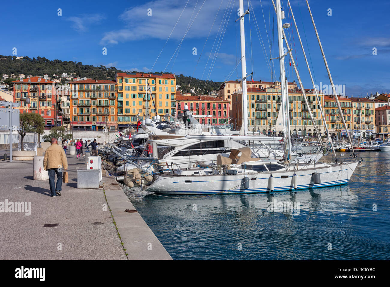 France, Port Lympia in city of Nice, sailing boats and yachts on French Riviera - Cote d'Azur sea bay Stock Photo