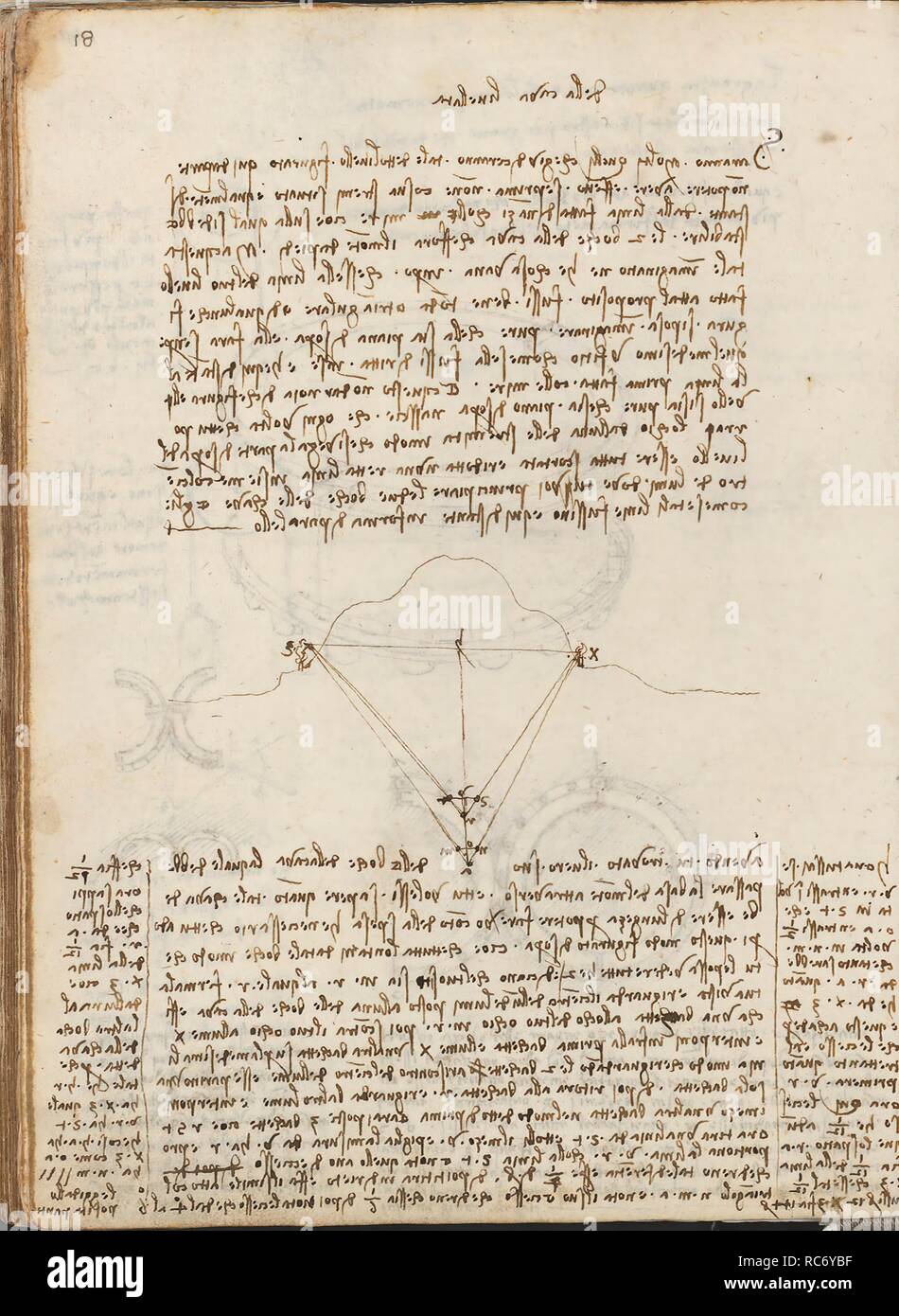 Folio f 110v. Codex Madrid I (Ms. 8937) 'Treaty of statics and mechanics', 192 folios with 384 pages. Internal format: 215 x 145 mm. CIVIL ENGINEERING, CONSTRUCTION. UNITS OF WEIGHT AND MEASURES. PRINCIPLES OF MECHANICS, CINEMATICS, DYNAMICS. Museum: BIBLIOTECA NACIONAL DE ESPAÑA, MADRID. Author: LEONARDO DA VINCI. Stock Photo
