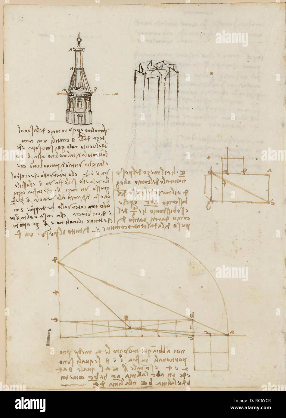 Folio f 55v. Codex Madrid II (Ms. 8936) 'Treaty of fortification, statics and geometry'. 158 folios with 316 pages. Internal format: 210 x 145 mm. CIVIL ENGINEERING, CONSTRUCTION. MATHEMATICS. APPLIED MECHANICS (MACHINES AND WITS). MENTION OF MATERIALS. UNITS OF WEIGHT AND MEASURES. PRINCIPLES OF MECHANICS, CINEMATICS, DYNAMICS. Museum: BIBLIOTECA NACIONAL DE ESPAÑA, MADRID. Author: LEONARDO DA VINCI. Stock Photo