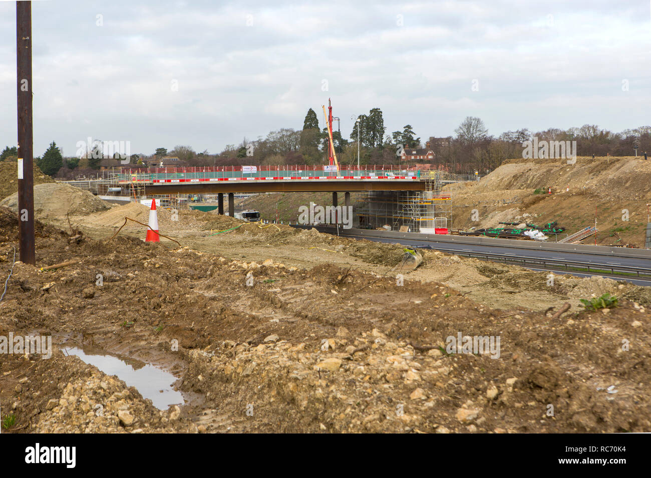 A new road bridge being installed over the M20, near Ashford, Kent. Stock Photo