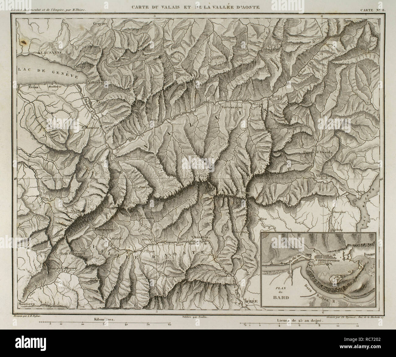 Napoleonic map of Valais (Switzerland) and Aosta Valley (Northern Italy). Atlas de l'Histoire du Consulat et de l'Empire. History of the Consulate and the Empire of France under Napoleon by Marie Joseph Louis Adolphe Thiers (1797-1877). Drawings by Dufour, engravings by Dyonnet. Edited in Paris, 1864. Stock Photo