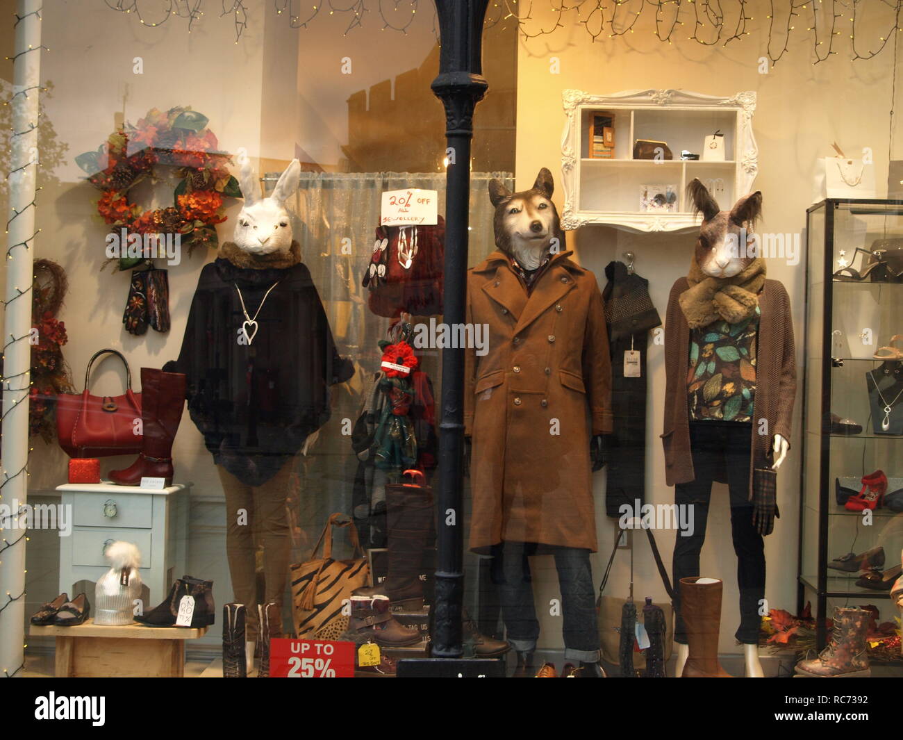 The height of fashion, quirky shop window display, just loved the humour and the style Stock Photo