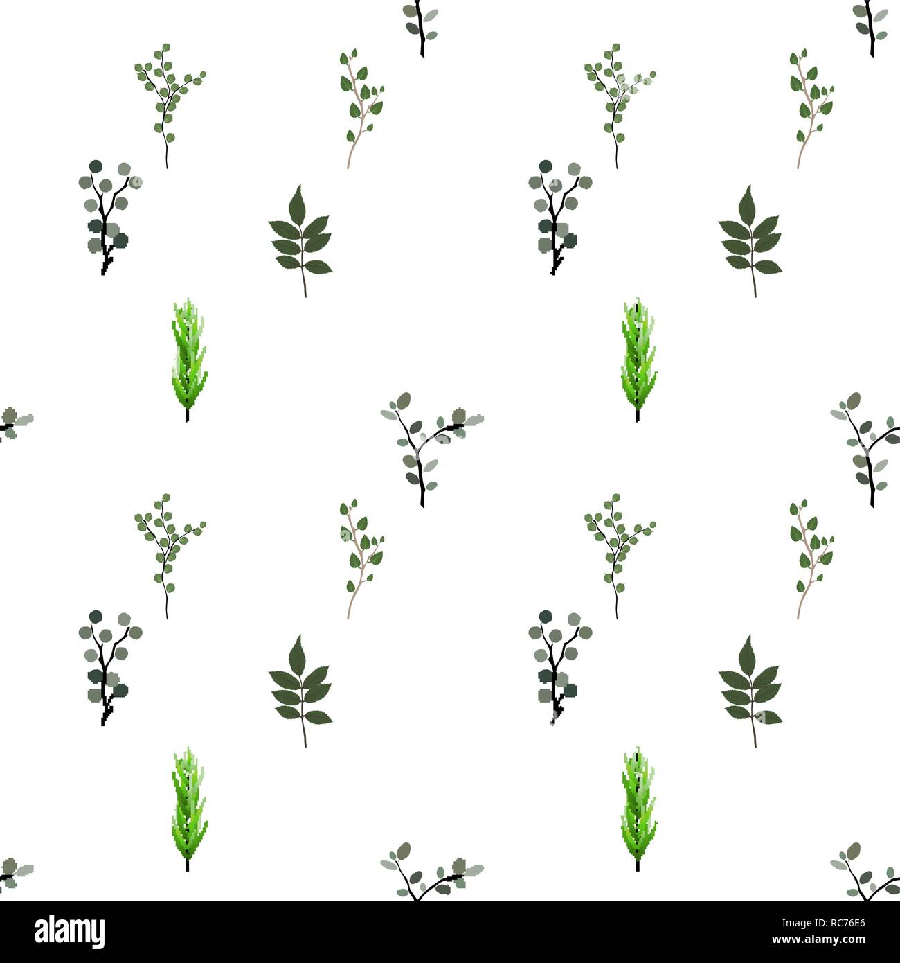 seamless pattern. Tropical elements: Agonis, Eucalyptus, Annona, Balata, Zamiokulkas, Cissus. Colorful naturalistic pictures. Vector Illustration. EPS Stock Vector