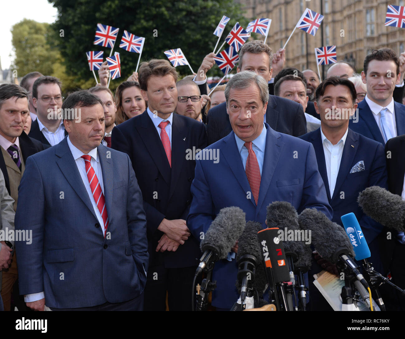 UKIP Leader Nigel Farage gives a press conference on Abingdon Green prior to the resignation of David Cameron  Featuring: Nigel Farage Where: London, United Kingdom When: 24 Jun 2016 Credit: Steve Finn/WENN Stock Photo