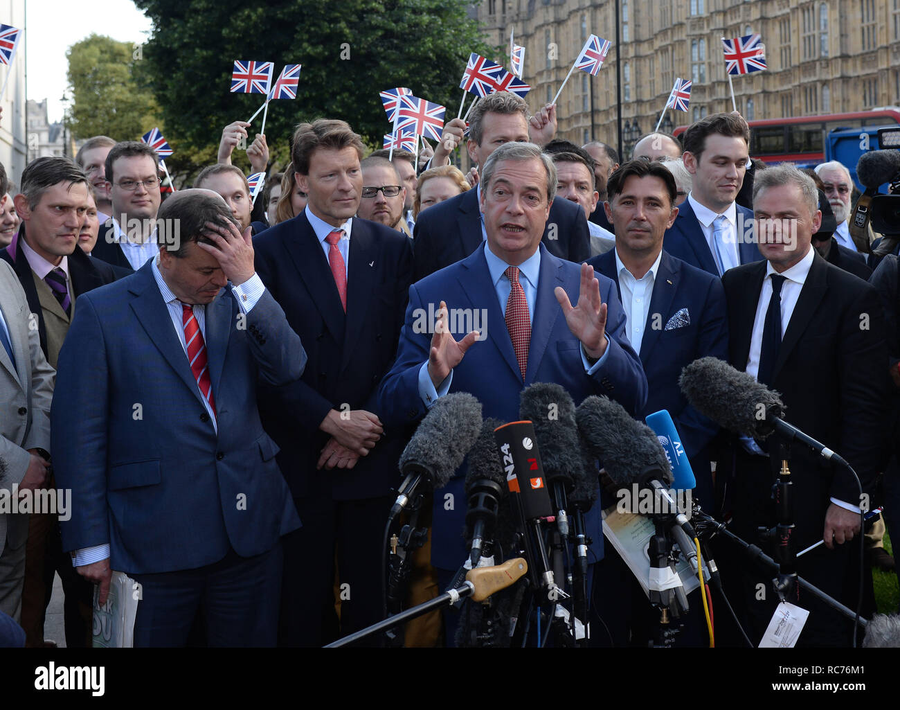 UKIP Leader Nigel Farage gives a press conference on Abingdon Green prior to the resignation of David Cameron  Featuring: Nigel Farage Where: London, United Kingdom When: 24 Jun 2016 Credit: Steve Finn/WENN Stock Photo