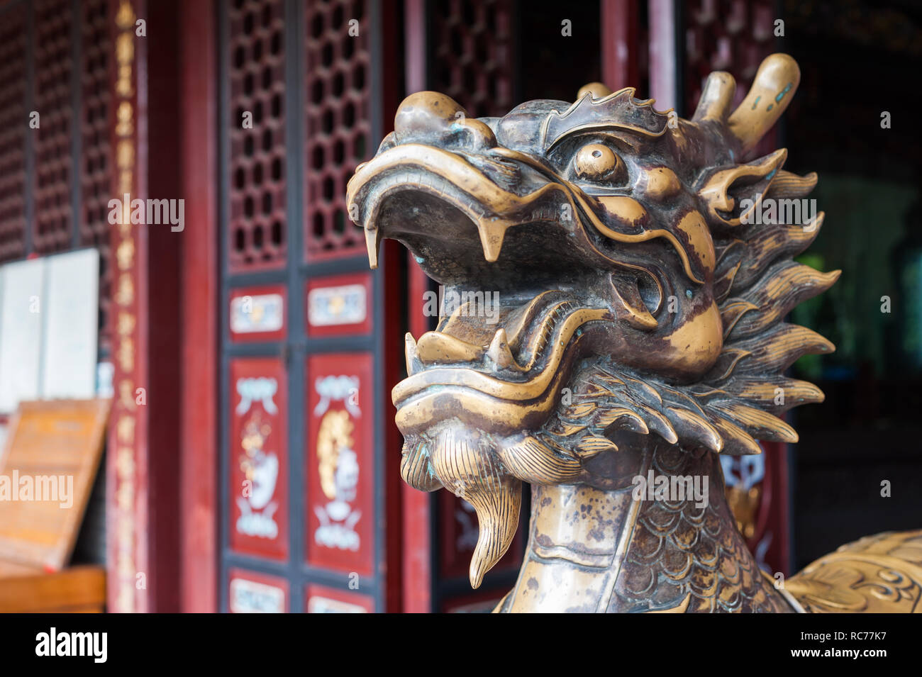 Golden color dragon head scultpure in a buddhist temple, China Stock Photo