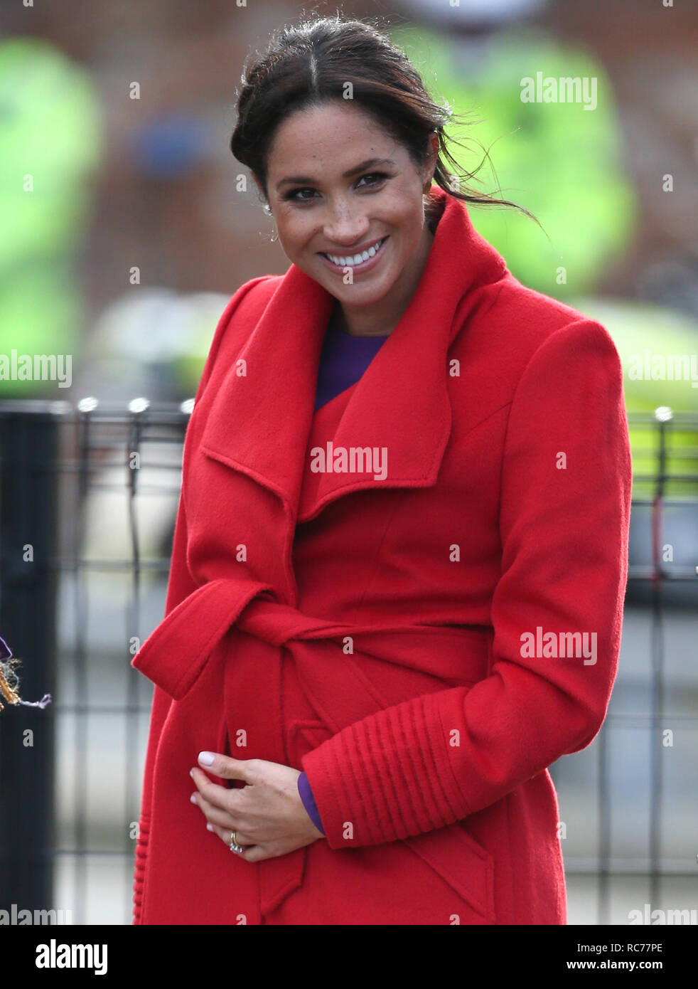 The Duchess of Sussex visits a new sculpture in Hamilton Square to mark the 100th anniversary of war poet Wilfred Owen's death, during a visit to Birkenhead. Stock Photo