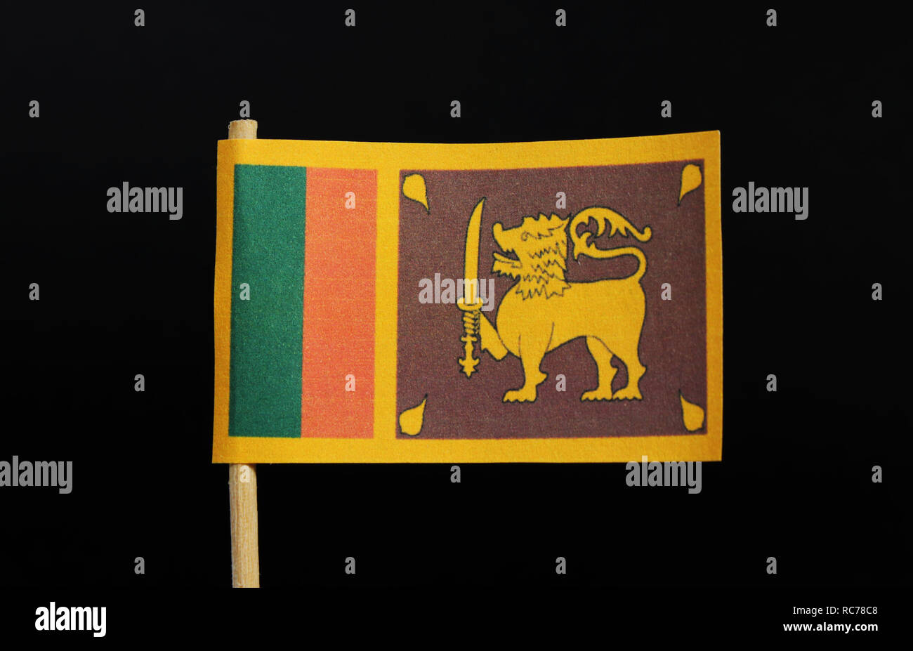 The official and national flag of Sri Lanka  on toothpick on black background. A yellow field with two panels: the smaller hoist-side panel has only t Stock Photo