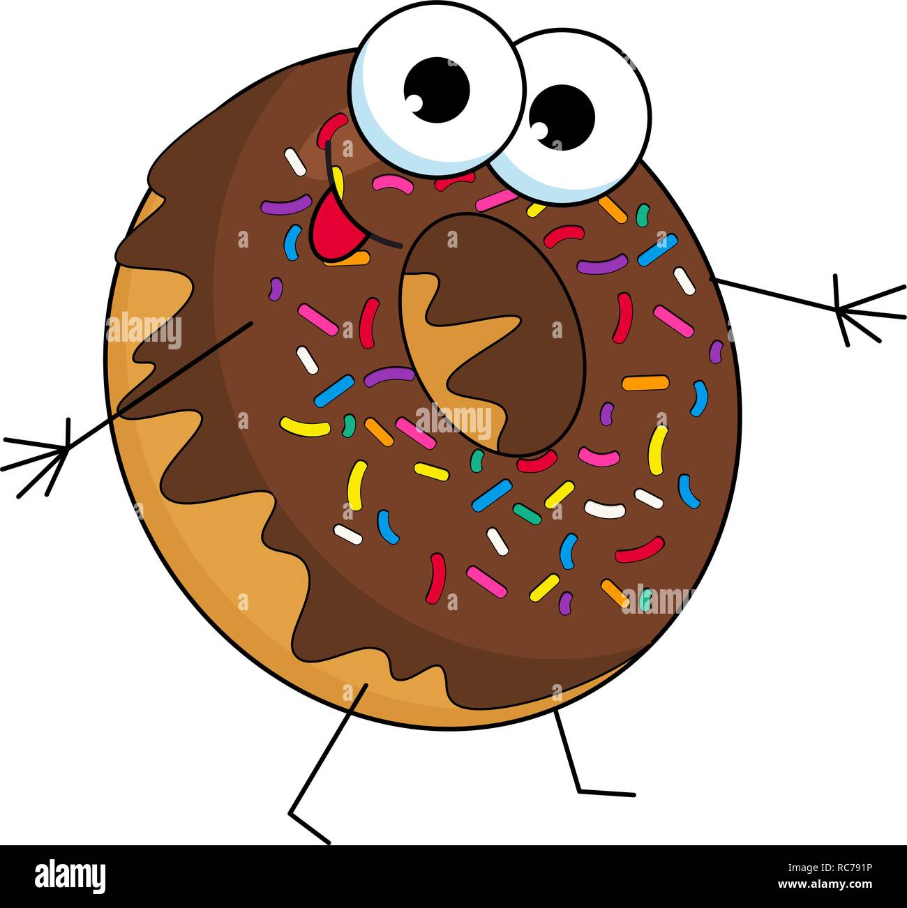Funny donut character with chocolate, cartoon style Raster illustration isolated on white background. Donut character with eyes, hands and legs Stock Photo