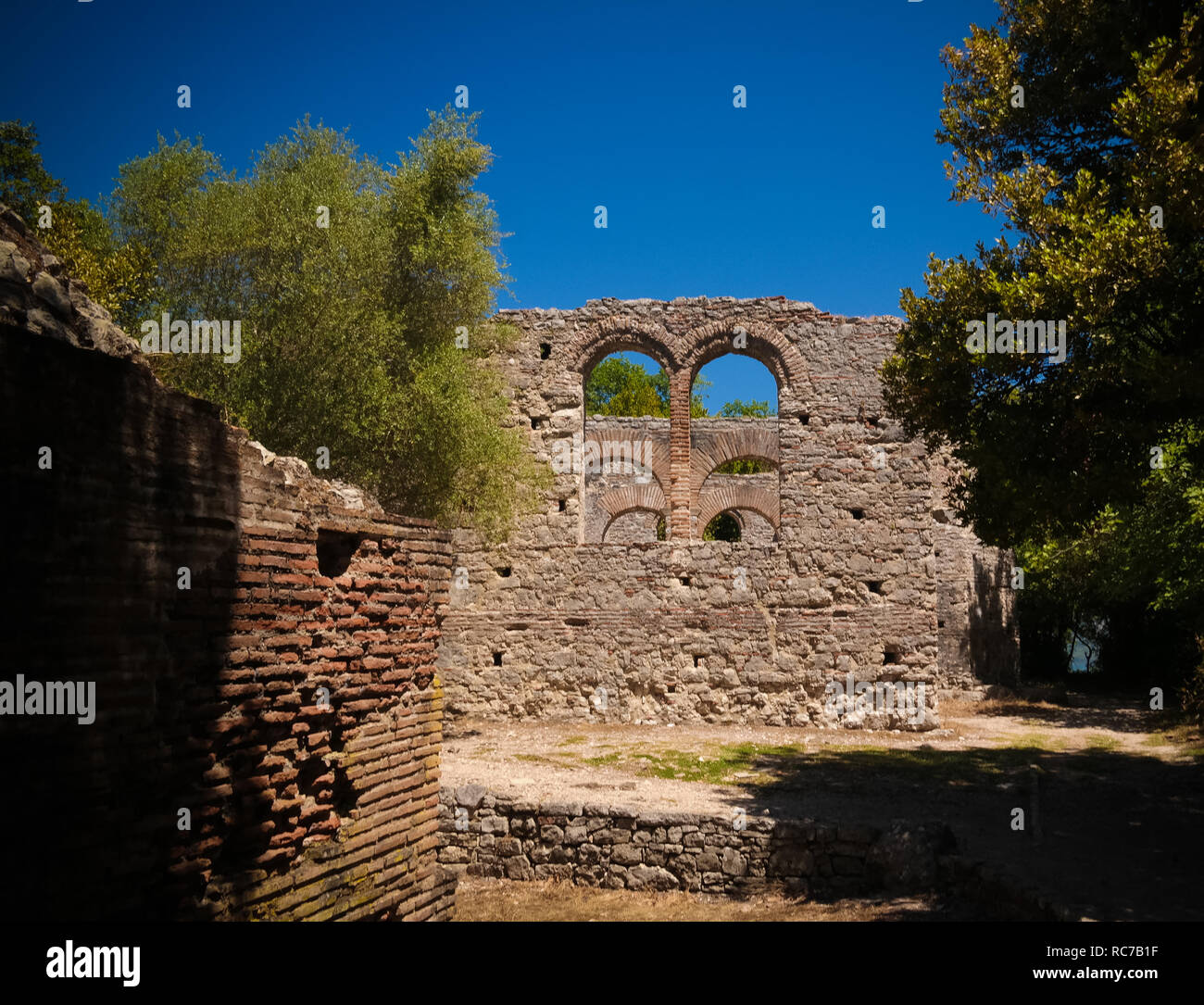 Panoramic view to ruins of The Basilica in Butrint ancient town , near ...