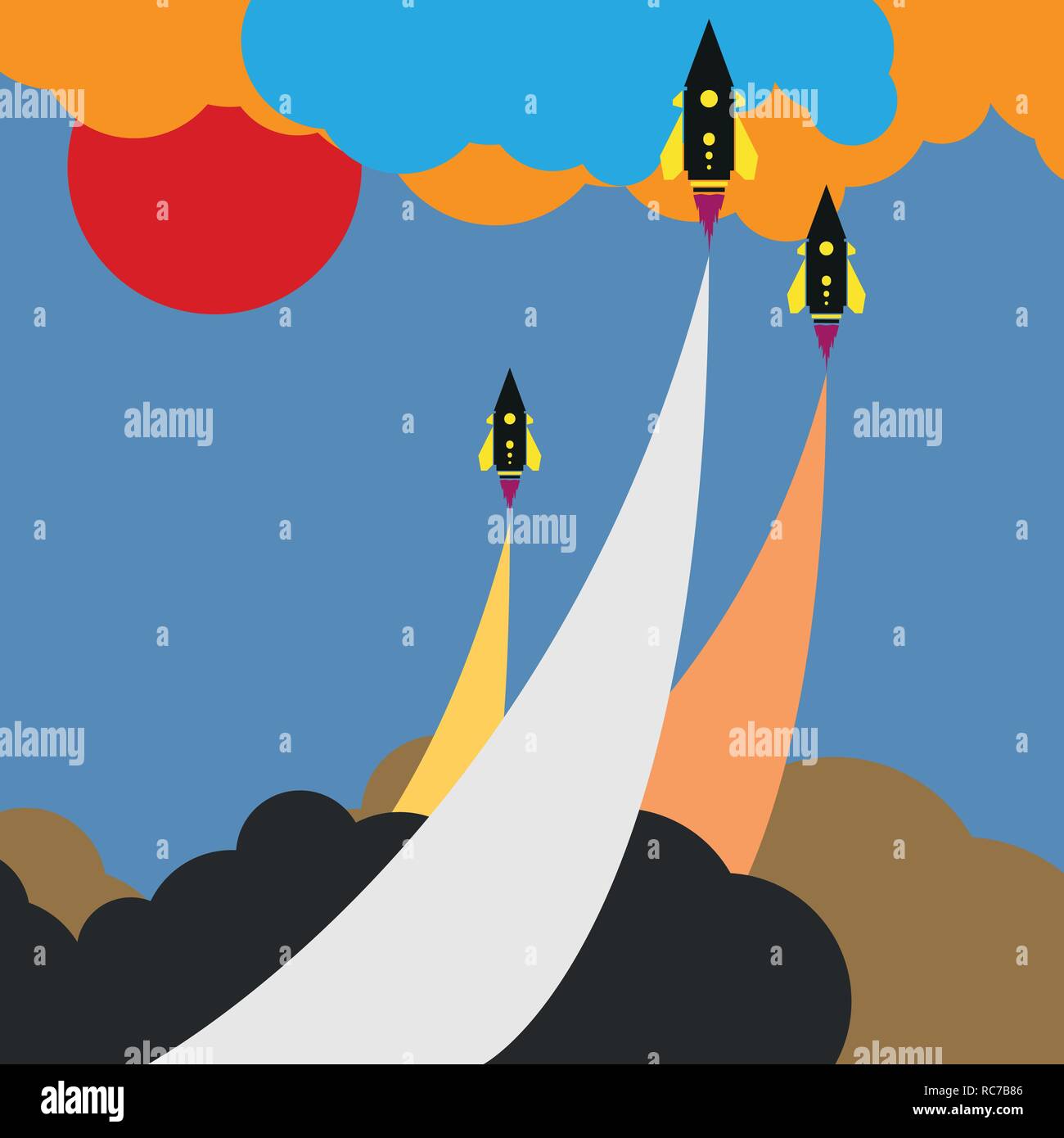 Colored art cartoon rocket jet power start in cloud sky and space Stock