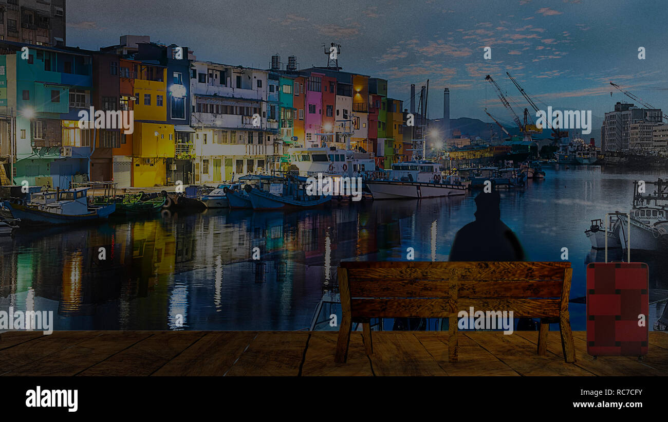 The Zhengbin Fishing Port in north of Taiwan with nice house color and view Stock Photo