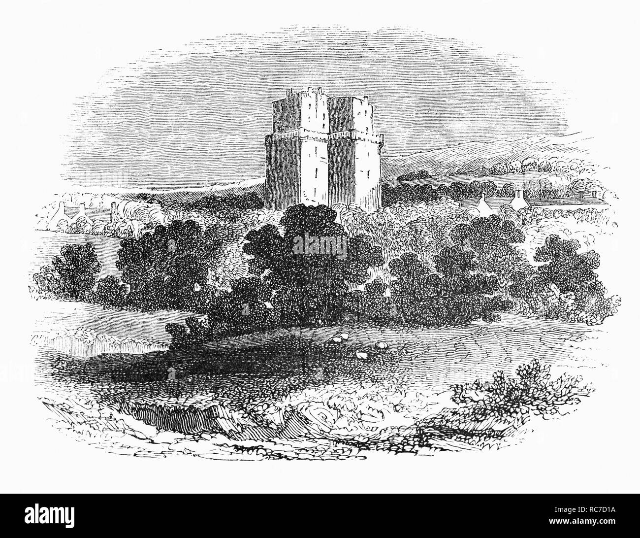 Preston Tower is a ruined L-plan keep in the ancient Scottish village of Prestonpans. The original structure, some of which may date from the 14th century, has four storeys with a further two storeys were added above the parapet in 1626. It was burnt by the Earl of Hertford in 1544 during the Rough Wooing, and by Oliver Cromwell in 1650. After being restored it burnt again, accidentally, in 1663 and was abandoned for the nearby Preston House, East Lothian. One of the Hamilton family was the noted covenanter Robert Hamilton, a commander in the battles of Drumclog and Bothwell Brig. Stock Photo