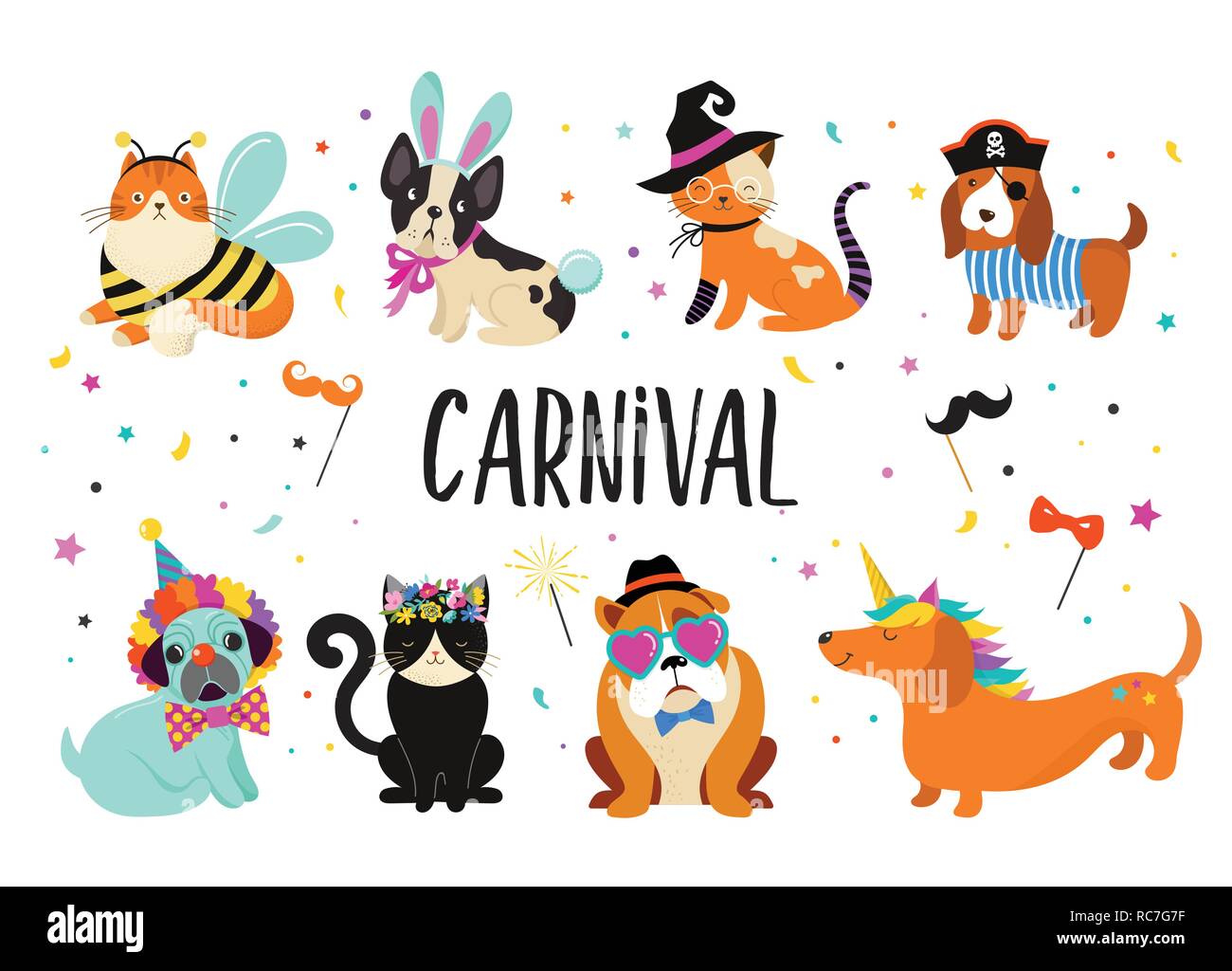 Funny animals, pets. Cute dogs and cats with a colorful carnival costumes, vector illustration Stock Vector