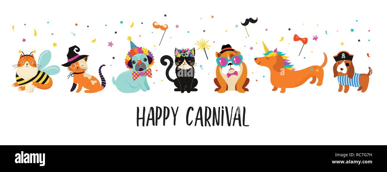 Funny animals, pets. Cute dogs and cats with a colorful carnival costumes, vector illustration Stock Vector