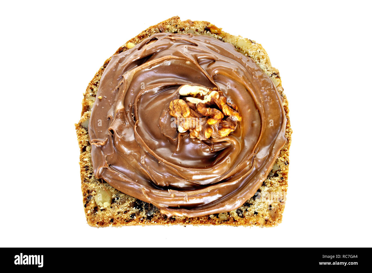 Slice of walnut bread with chocolate spread isolated on white background Stock Photo