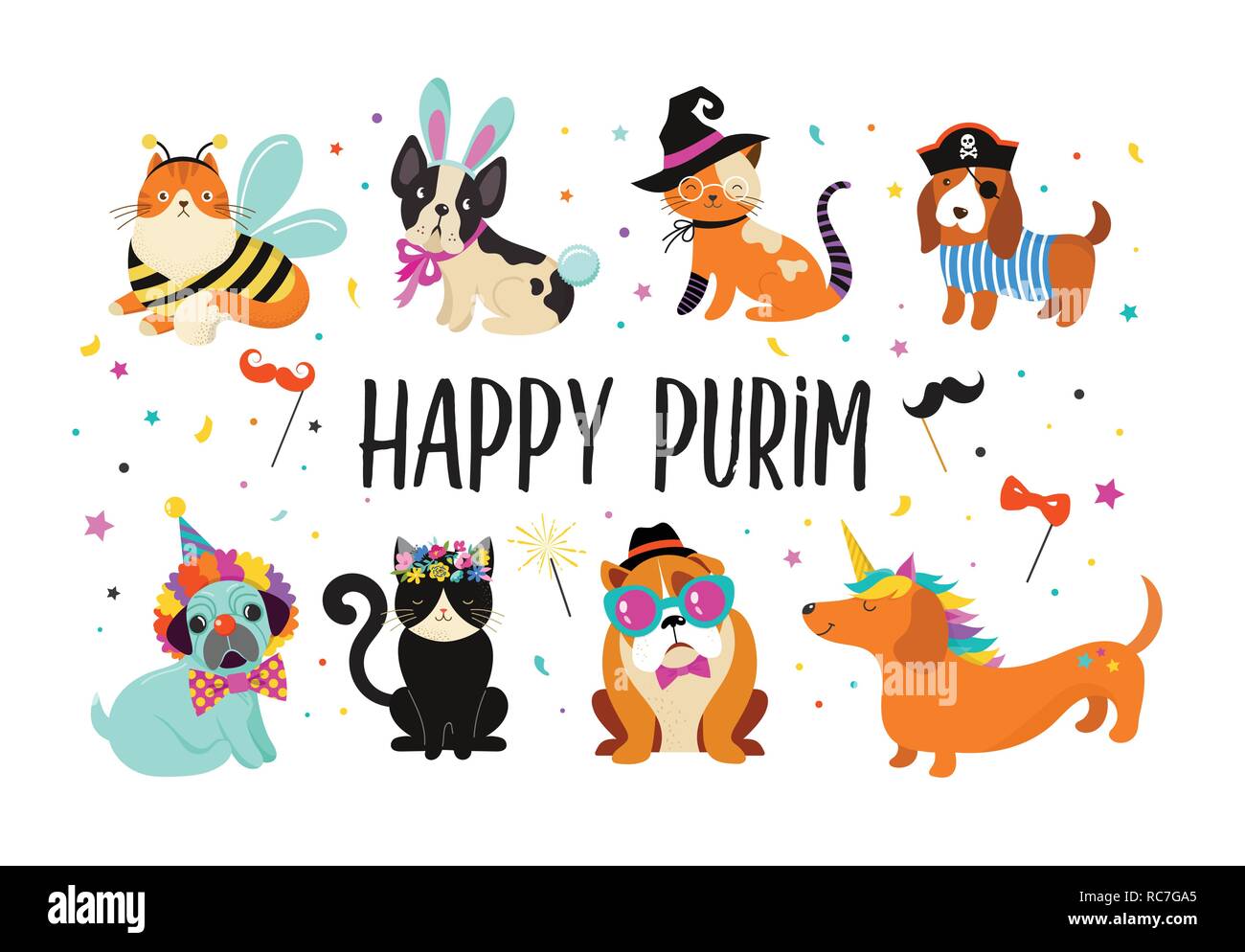 Funny animals, pets. Cute dogs and cats with a colorful carnival costumes, vector illustration. Happy Purim banner Stock Vector