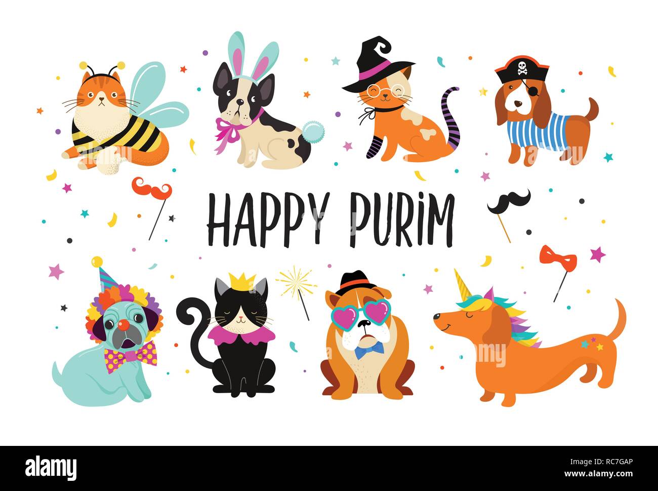 Funny animals, pets. Cute dogs and cats with a colorful carnival costumes, vector illustration, Happy Purim banner Stock Vector