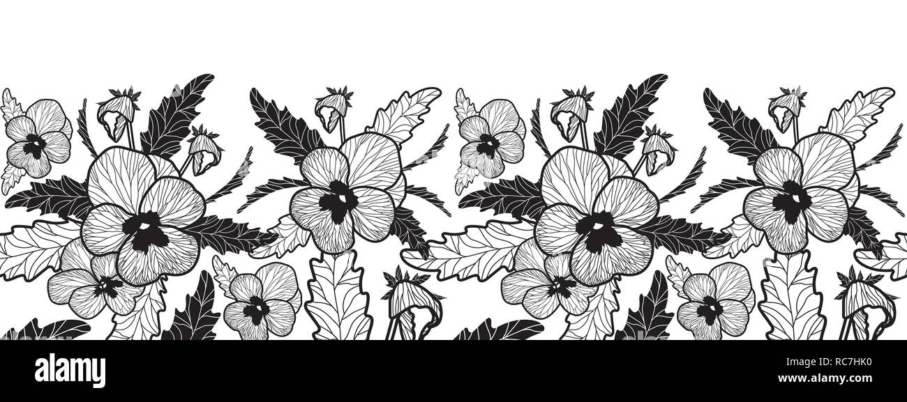 Vector horizontal seamless border with black and white pansy. Stock Vector