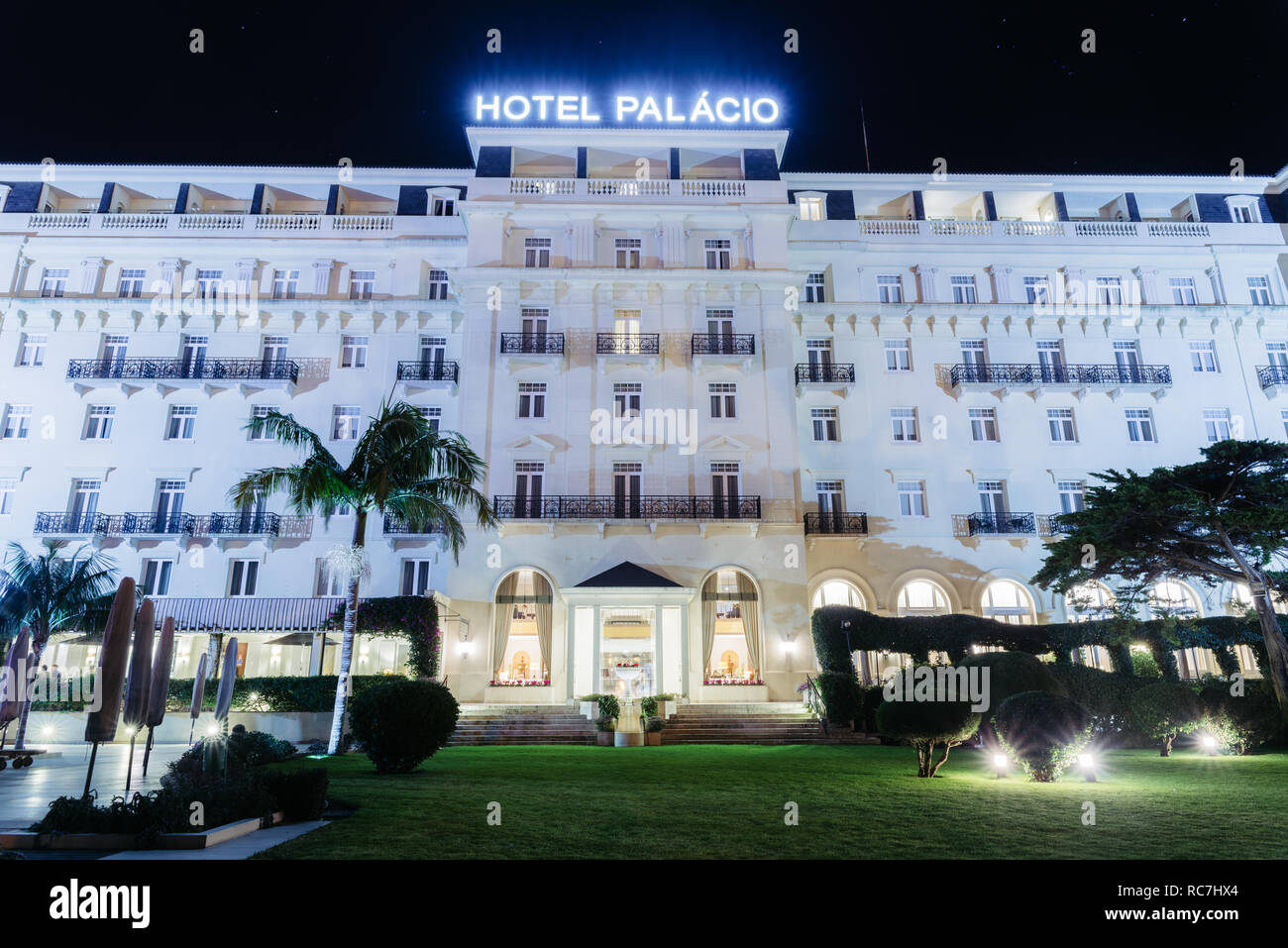 Front facade of the famous Hotel Palacio which was frequented by both German & Allied spies during WWII, as well as Ian Fleming, creator of James Bond Stock Photo