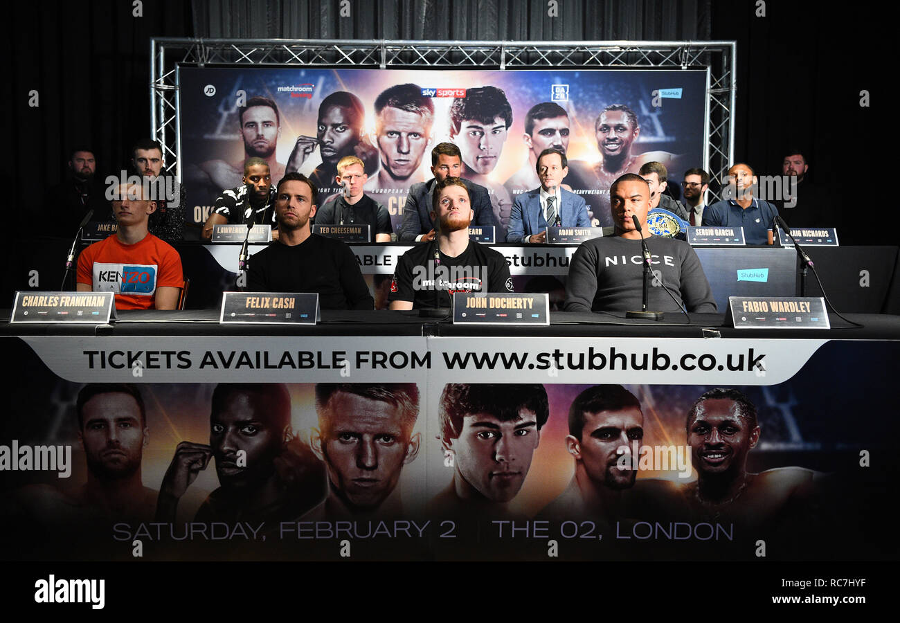 (top row left to right) Jake Ball, Lawrence Okolie, Eddie Hearn, Adam Smith, Sergio Garcia and Craig Richards, (bottom row left to right) Charles Frankham, Felix Cash, John Docherty and Fabio Wardley during the press conference at Glaziers Hall, London. Stock Photo