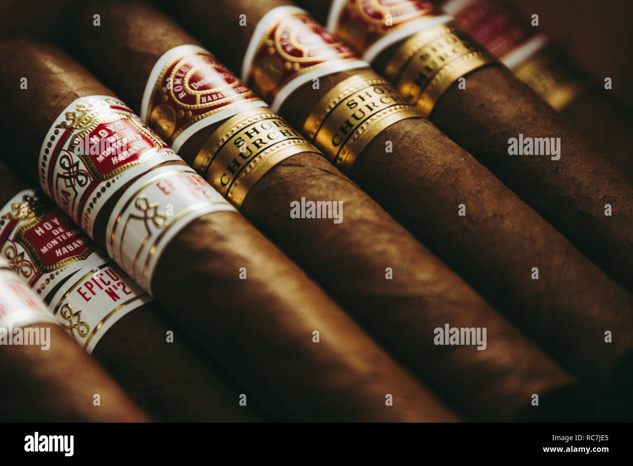 Cuban Cigar brands in a humidor Stock Photo Alamy
