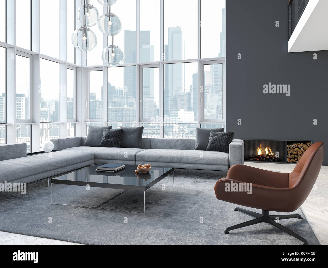 new modern scandinavian loft apartment. 3d rendering Stock Photo