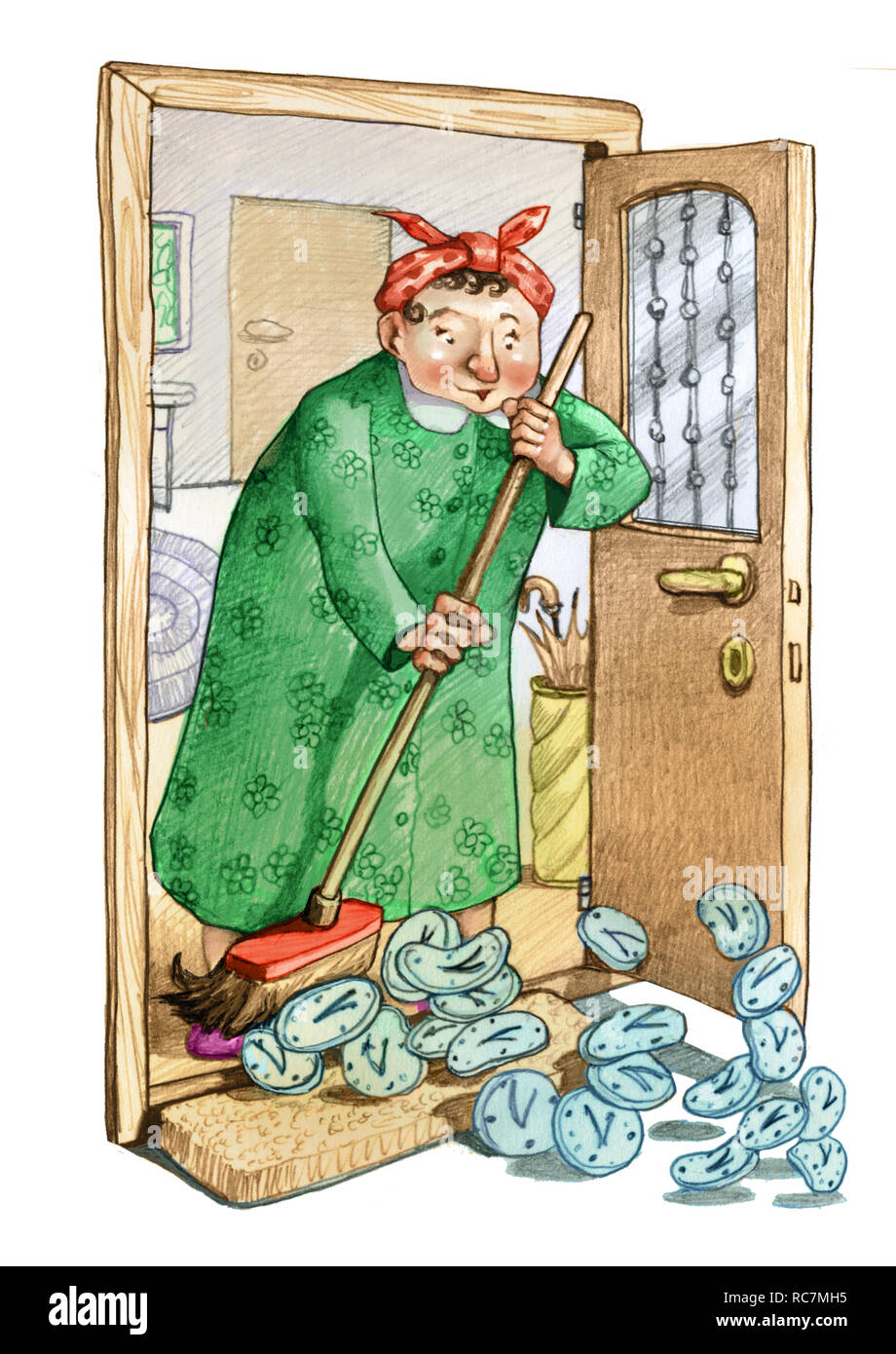 housewife cleans house sweeping out some clocks metaphor of the lost time that doesn't return pencil draw humor illustration Stock Photo