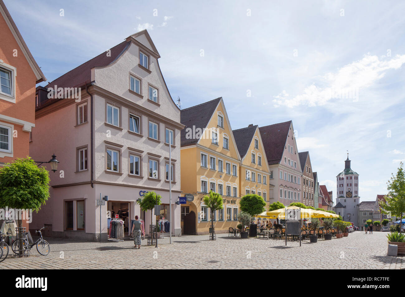 Historic facades on the market square in the old town, Günzburg, Swabia, Bavaria, Germany, Europe I Historische Hausfassaden am Marktplatz in der Alts Stock Photo