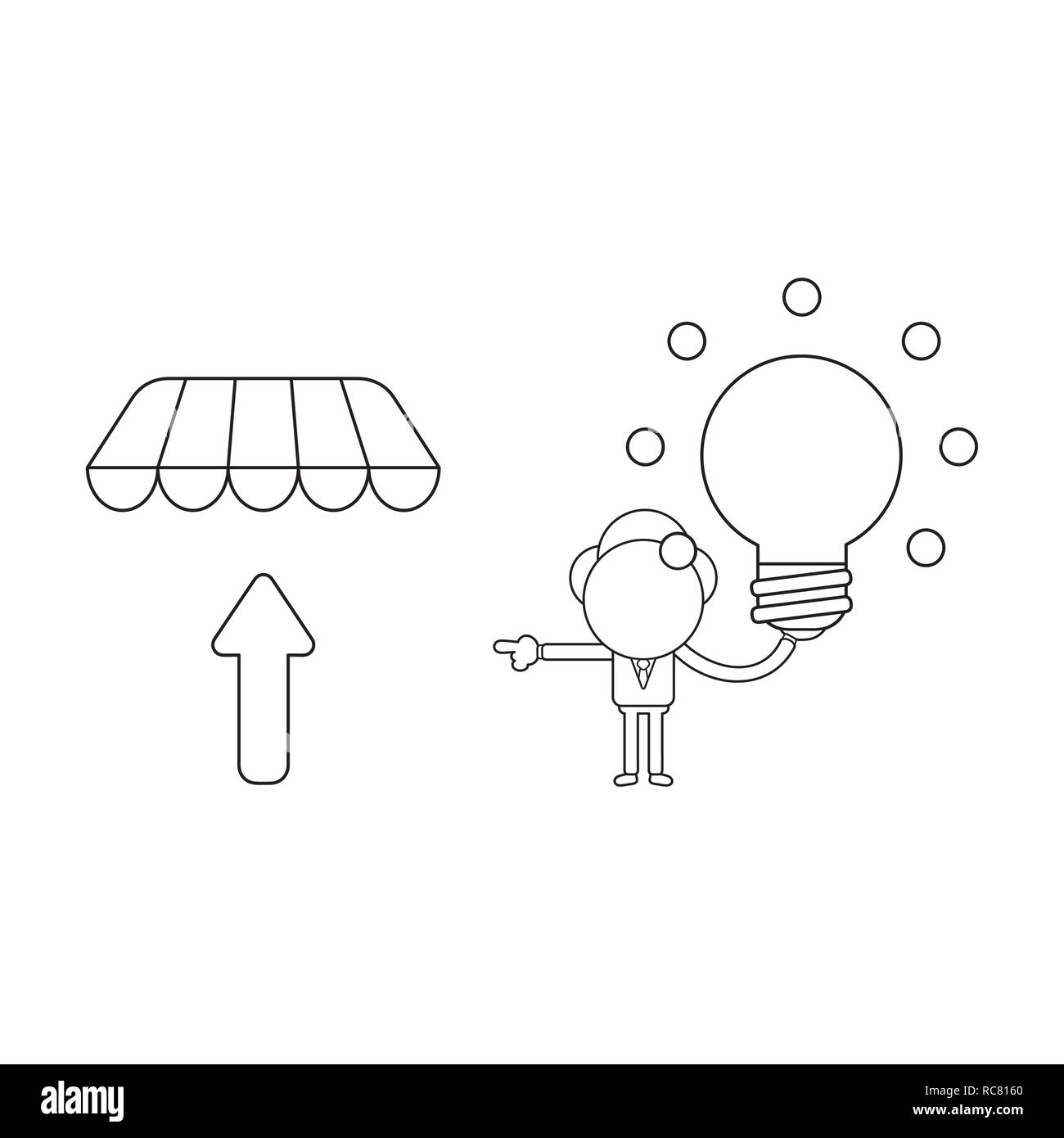 Vector illustration concept of businessman character holding glowing light bulb and pointing arrow up under store awning. Black outline. Stock Vector