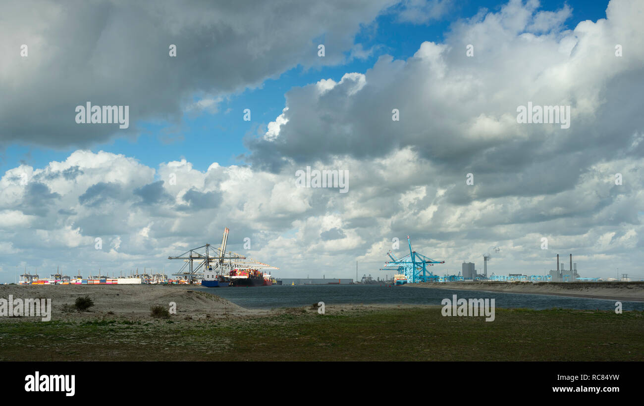 Distant view of container terminal situated on the newest part of Rotterdam harbour, Netherlands Stock Photo