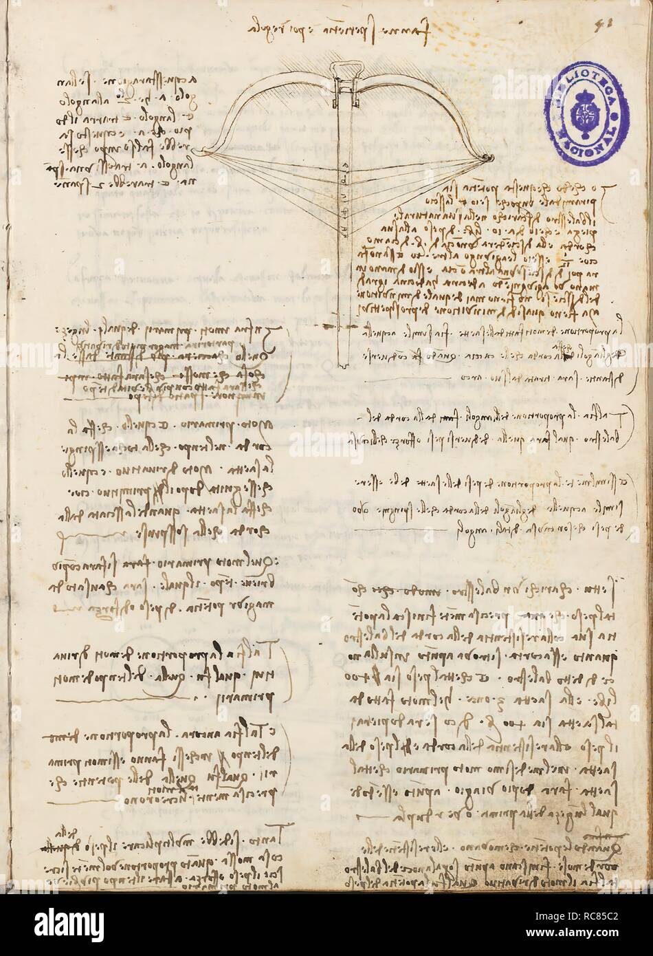 Folio f 51r. Codex Madrid I (Ms. 8937) "Treaty of statics and mechanics", 192 folios with 384 pages. Internal format: 215 x 145 mm. MATHEMATICS. APPLIED MECHANICS (MACHINES AND WITS). PERSPECTIVE, OPTICS, PAINTING, DRAWING. UNITS OF WEIGHT AND MEASURES. APPLIED MECHANICS (COMPONENTS). PRINCIPLES OF MECHANICS, CINEMATICS, DYNAMICS. Museum: BIBLIOTECA NACIONAL DE ESPAÑA, MADRID. Author: LEONARDO DA VINCI. Stock Photo