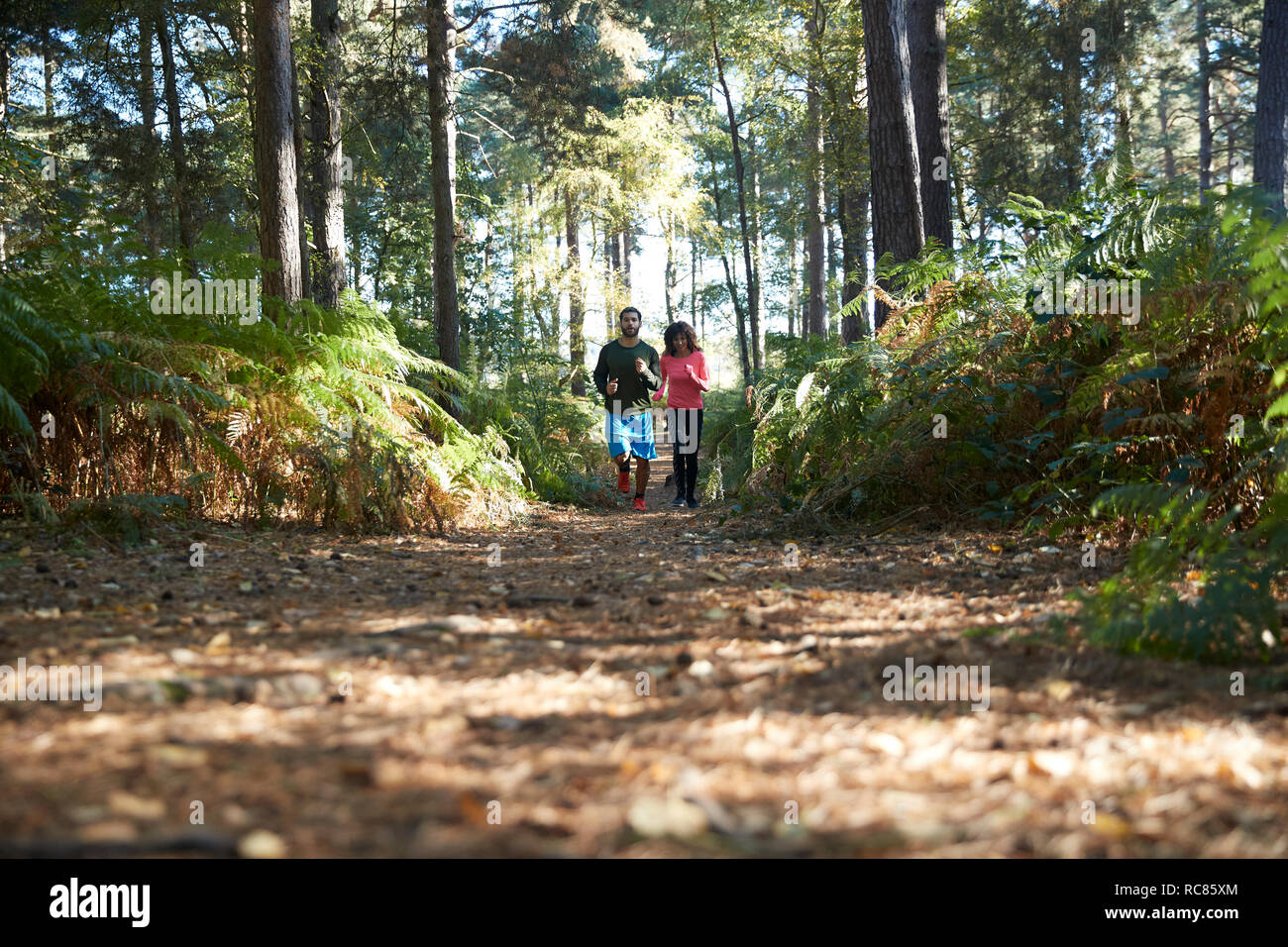 Male and female runners running in forest Stock Photo