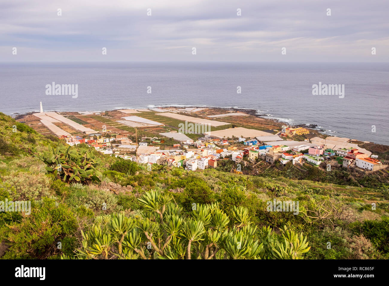 Aerial view over Punto de Hidalgo on the north west coast of Tenerife, Canary Islands, Spain Stock Photo